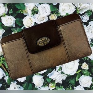 Fossil Brown & Gold Patterned Leather Zip Around Vintage Wallet